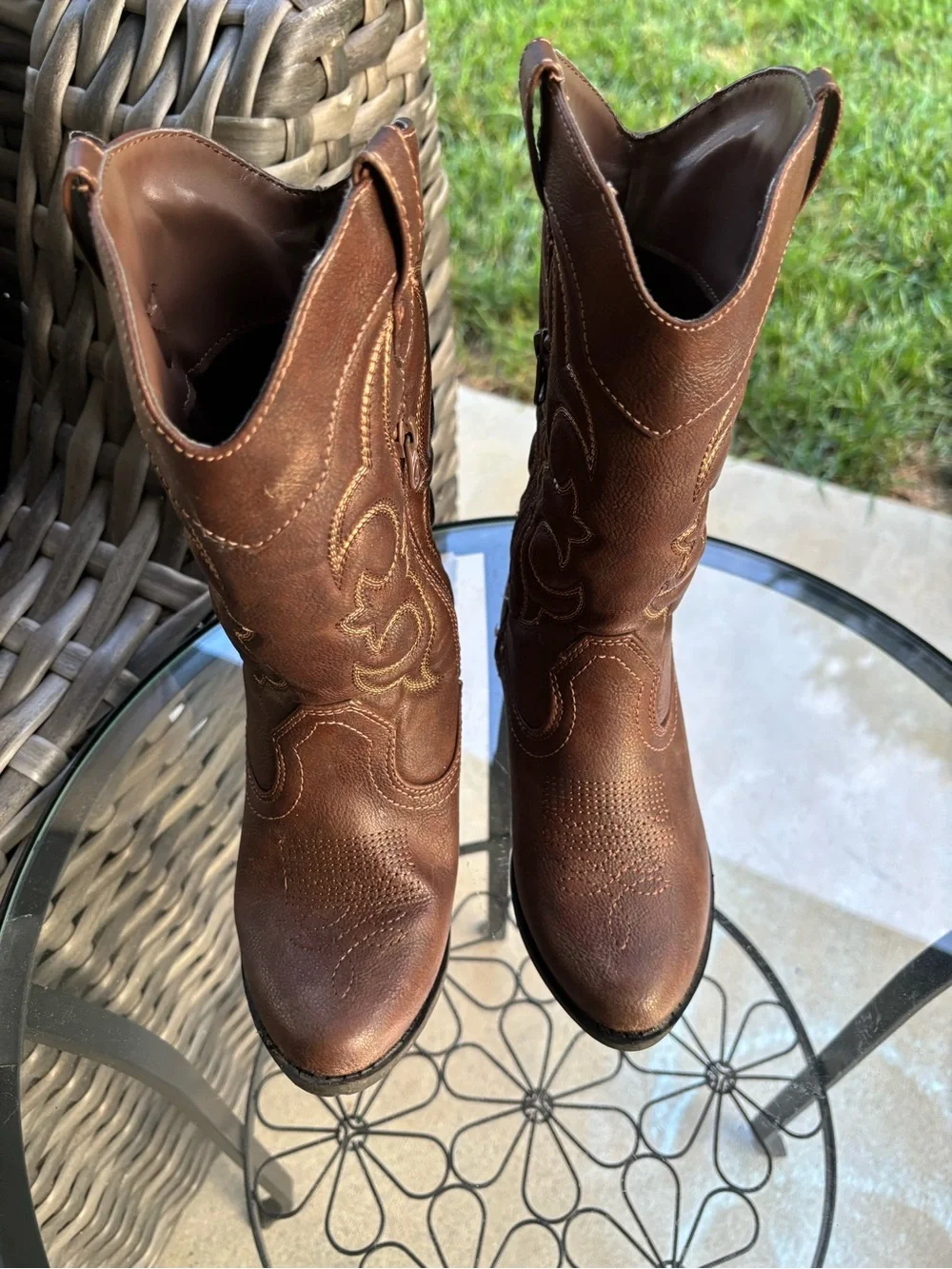 Cat & Jack Girls Western Cowboy Boots Brown Embroidered Side Zip Size 2